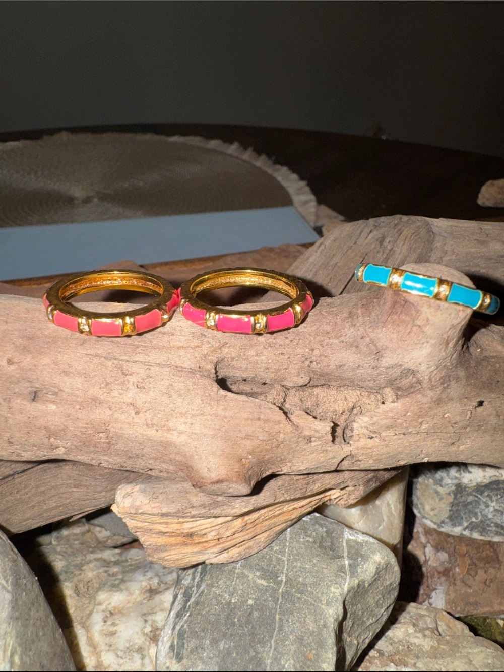 Stackable Rings Set of 3- Gold-Tone with Pink and Turquoise Enamel - Picture 2 of 4